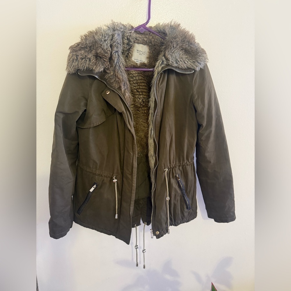 Zara Trafaluc Khaki Green Jacket Fur Lining (no Hooded)Winter Front Pockets XS